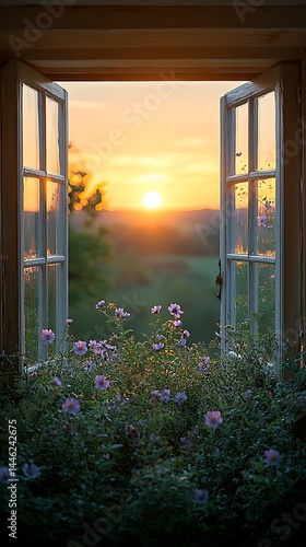 Obraz na płótnie Sunrise view through open window, flowers w salonie