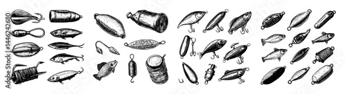 Vintage Fishing Tackle and Bait Collection in Black and White Style
