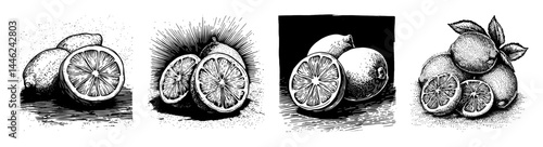 Hand-drawn Illustrations of Fresh Lemons and Lemon Slices for Art