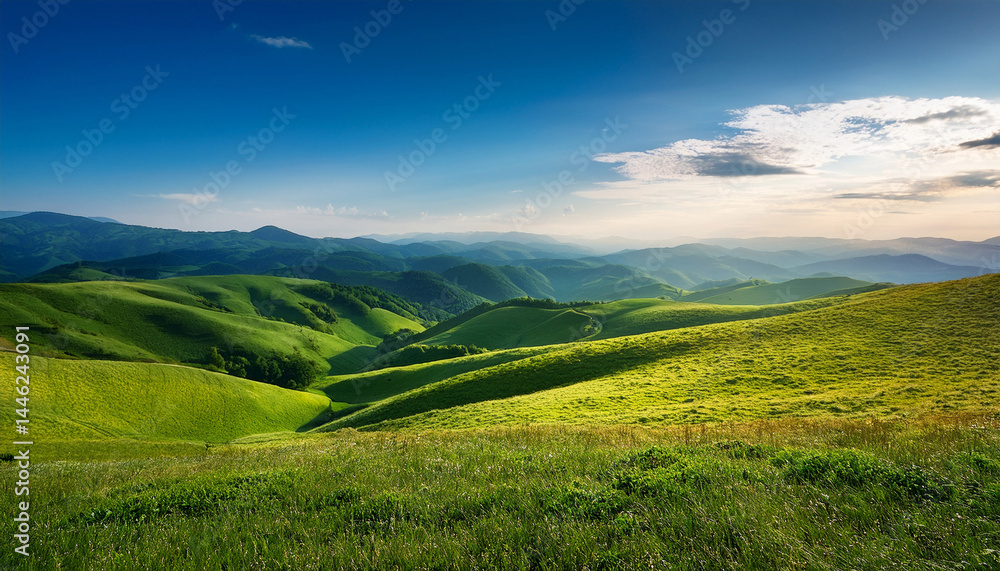 Obraz premium vibrant rolling hills with green and blue hues under a soft sky creating a serene and peaceful natural environment