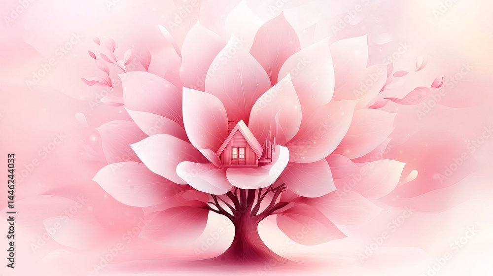 Naklejka premium A small pink house sits within a large flower blossoming from a tree with light pink petals.