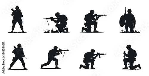 Set of soldier silhouettes in tactical combat poses with rifles and gear, military action vector illustration on white background