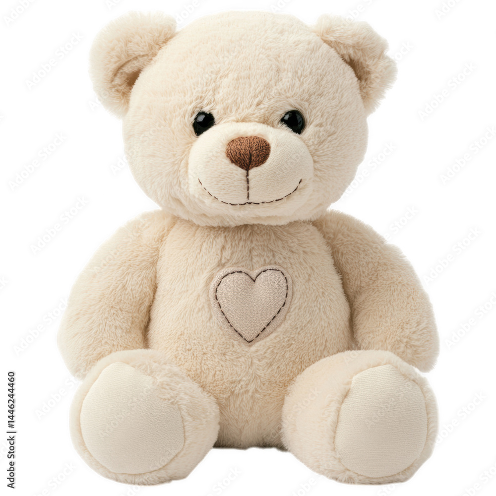 Obraz premium Teddy Bear's Comfort: A cute plush teddy bear sits ready to embrace, embodying childhood joy. It features a soft, cream-colored fur, a heart-shaped detail, and a friendly smile.
