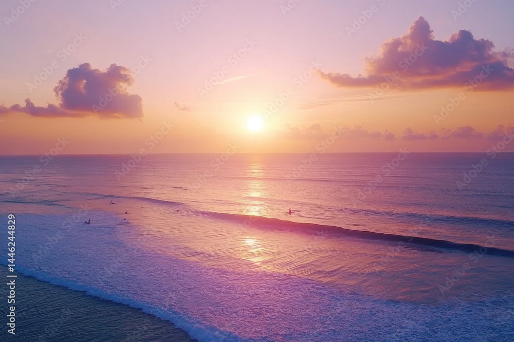 Fototapeta premium Surfers glide across vibrant waves at sunset in ocean paradise, Drone shot of surfers riding waves in ocean at beautiful sunrise in Bali