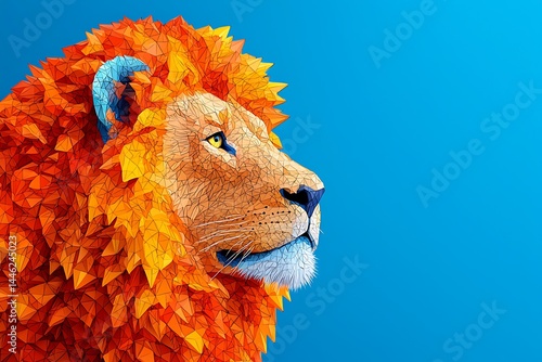 Low-poly lion portrait, vibrant orange mane
