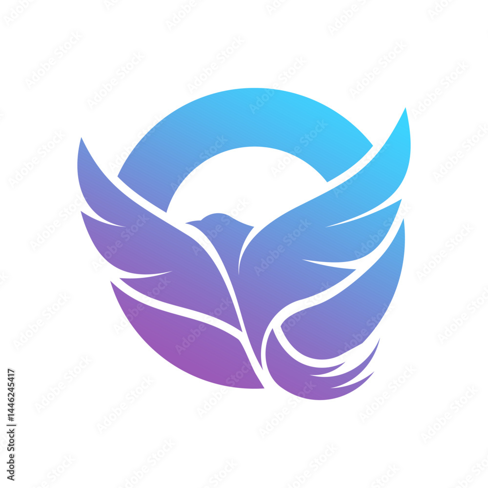 Fototapeta premium Modern Blue Gradient Circle Logo with Abstract Bird in Flight
