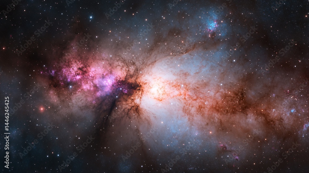 Naklejka premium Vibrant cosmic nebula, colorful interstellar gas and dust swirling in space, theme of astronomical wonders and exploration.