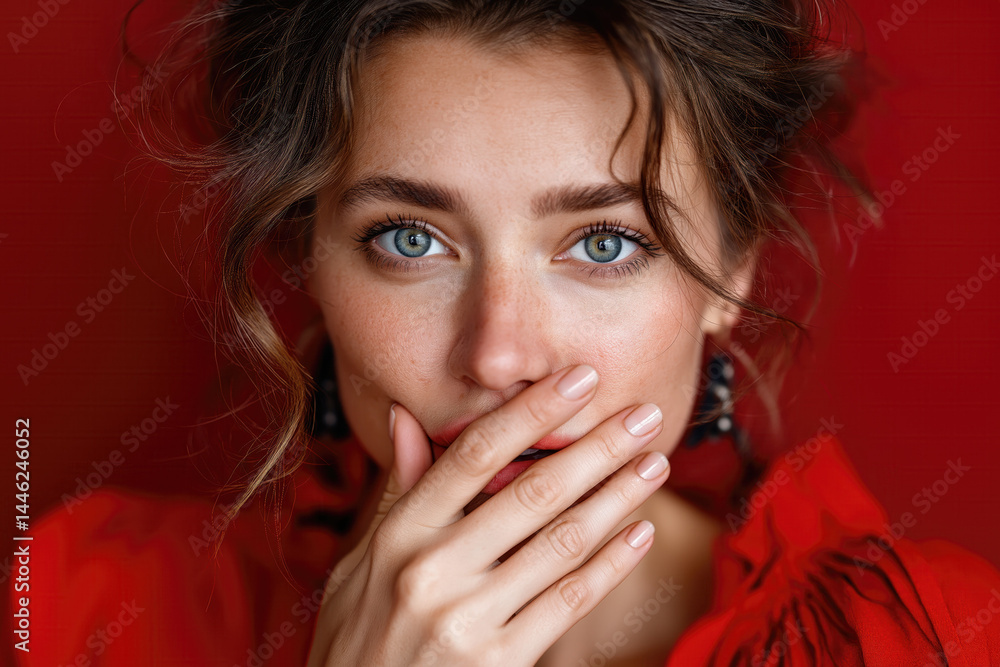 Portrait expressif d'une jeune femme souriante ou surprise sur fond coloré, émotions spontanées, style naturel ou rétro, lumière studio, concept de joie, humour ou malice Portrait expressif d'une jeune femme souriante ou surprise sur fond coloré, émotions spontanées, style naturel ou rétro, lumière studio, concept de joie, humour ou malice