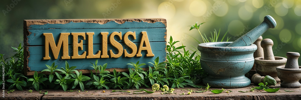 Obraz premium sign with inscription Melissa, fresh herbs on table, sunny day