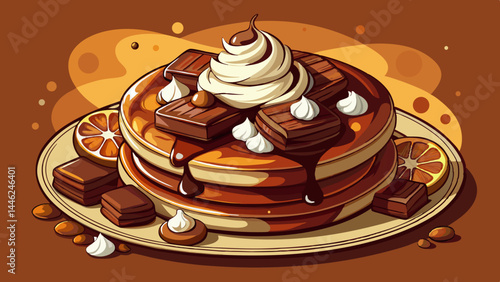 Dark chocolate pancakes with bold cocoa tones and creamy swirls.
Whipped cream clouds top each layer, finished with chunky bites.
The combination is both bold and comforting.
Great for cozy, indulgent