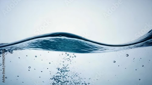 Crystal blue water with wave and bubbles gently rising to the surface in an abstract aquatic background, showcasing purity and freshness.