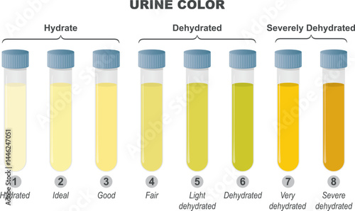 Urine Color. Evaluation chart of hydration and dehydration. Urine in test tube, Pee Color diagram. vector illustration