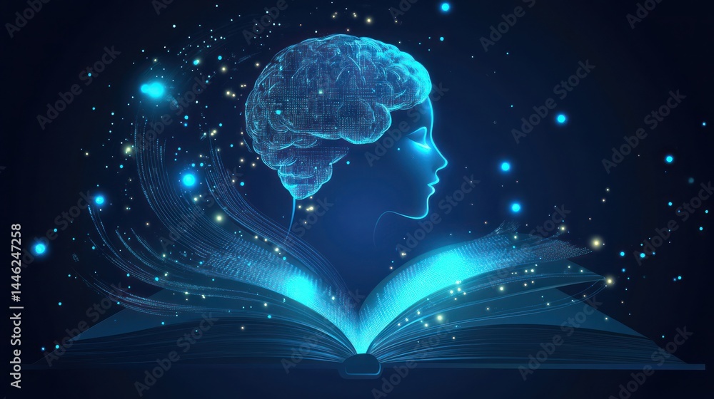 Glowing brain emerging from open book; knowledge, learning Glowing brain emerging from open book; knowledge, learning