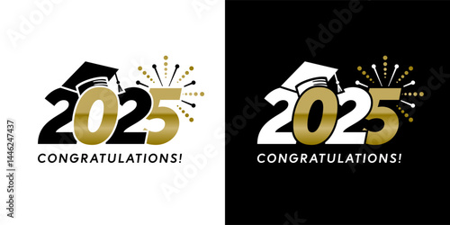 Class of 2025 graduation greetings in gold and black with college and high school graduation caps for t-shirts, flyers and greeting cards