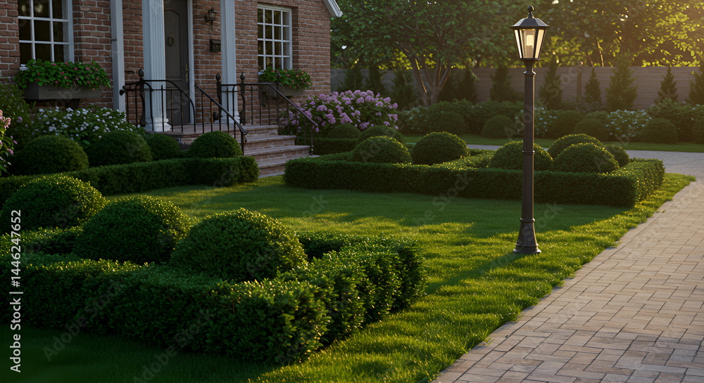 Fototapeta premium Elegantly Maintained Estate Garden With Manicured Boxwood and Vintage Street Light