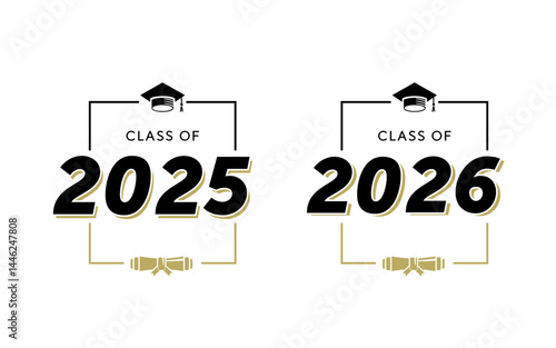 Congratulations to the graduating class of 2025 or 2026 in a box in gold and black with college and high school graduation caps for t-shirts, flyers and greeting cards