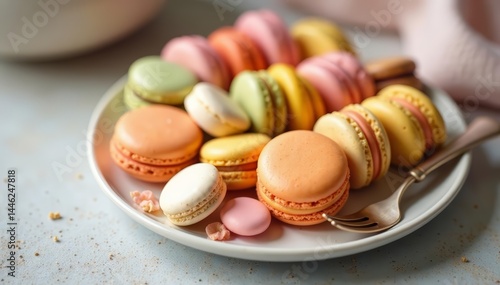 Vibrant multicolored macarons neatly displayed on rustic white wicker table, delicate, celebration, pastry