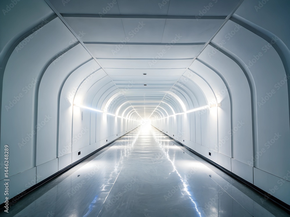 Obraz premium A futuristic white hallway with a glowing light at the end,white hallway with a bright light at the end. A long, empty hallway with a bright light shining down on it.