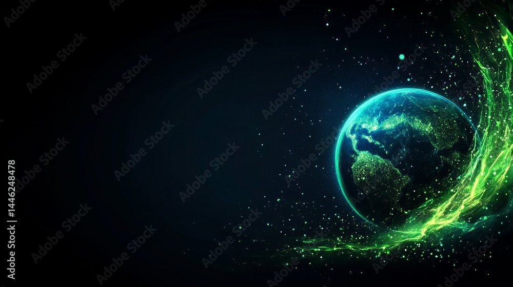 Obraz premium Earth appears glowing with green energy trails against a dark space background with scattered stars.