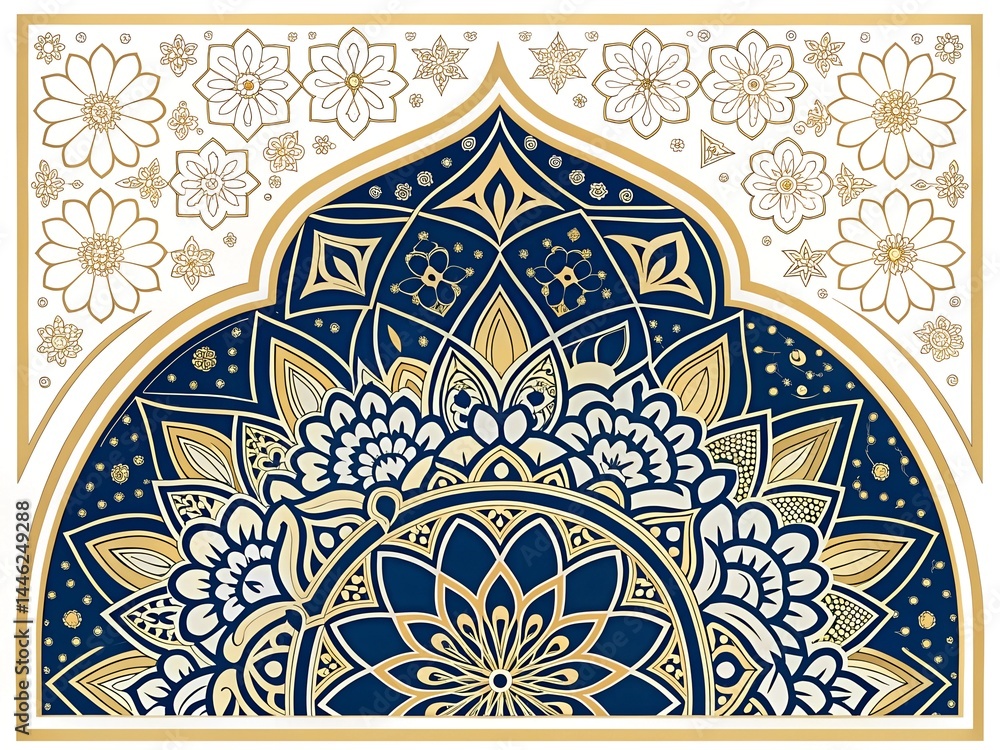 A blue and white design with flowers and a gold border A blue and white design with flowers and a gold border