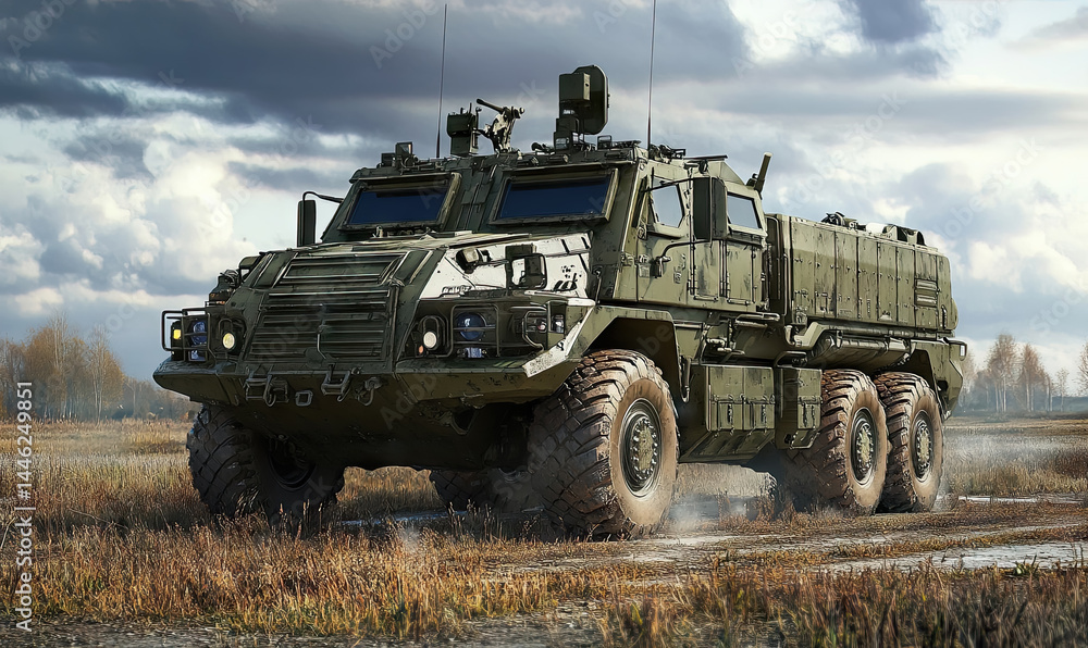Advanced Military Truck on Field Maneuvers Under Cloudy Sky Landscape Scenery for National Defense Transportation Day Advanced Military Truck on Field Maneuvers Under Cloudy Sky Landscape Scenery for National Defense Transportation Day