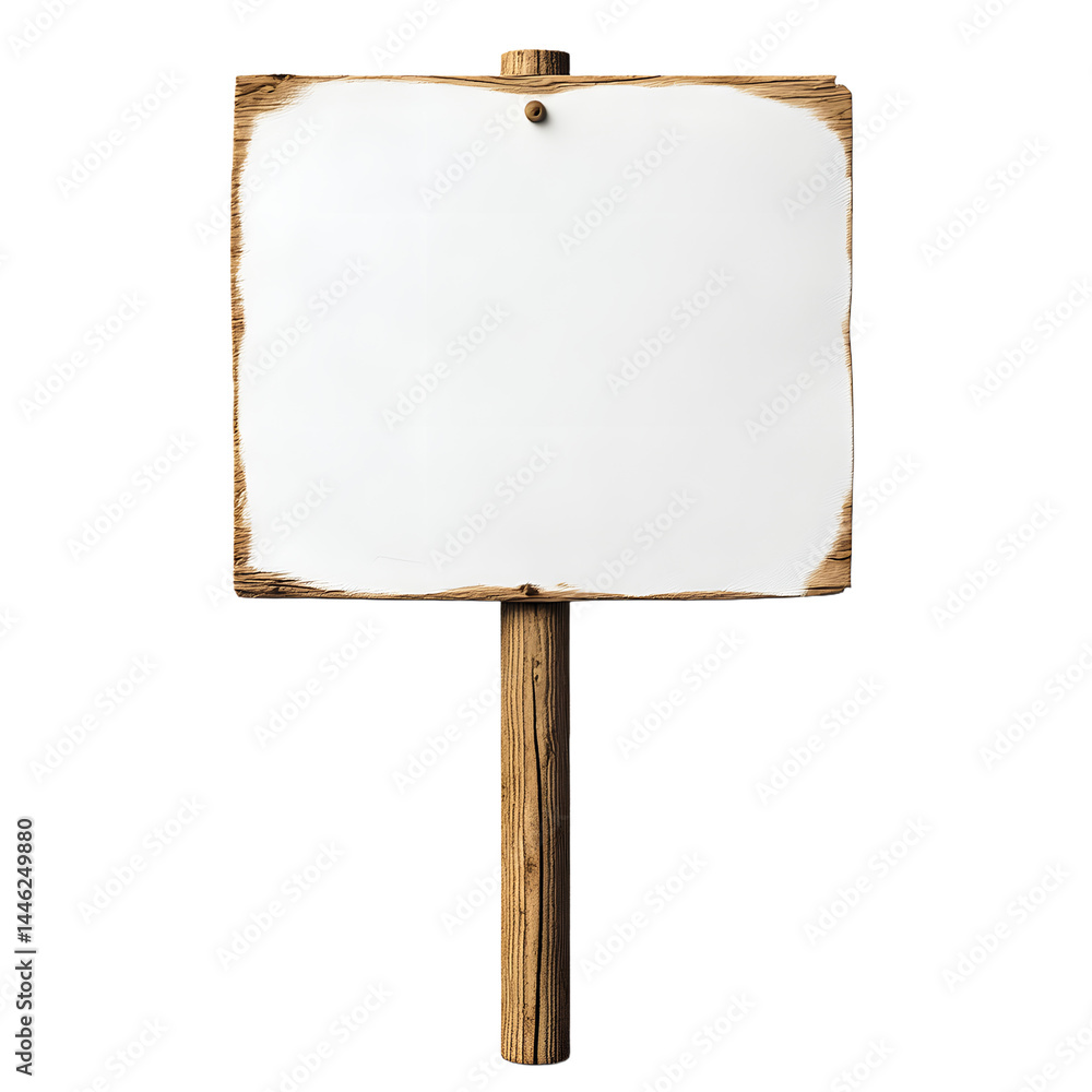 a blank protest sign attached to a wooden pole, on a white background