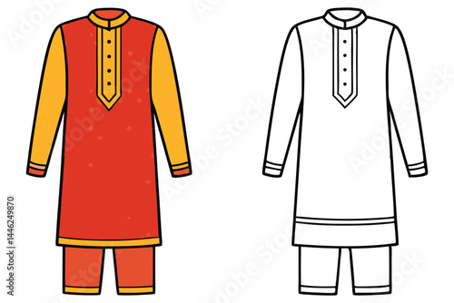 A brightly colored salwar kameez stands next to an outlined, uncolored version on a white background