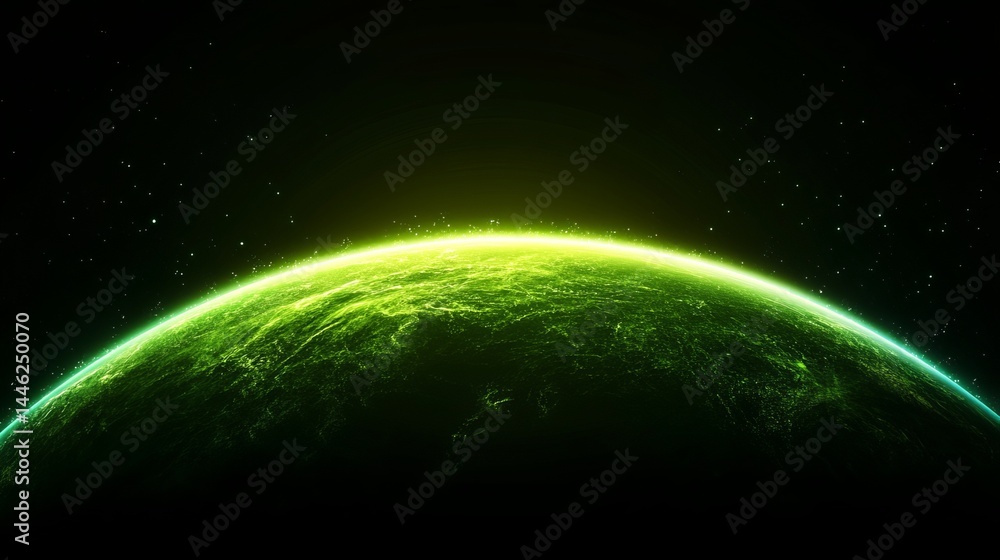 Obraz premium Glowing green planet is situated in a black space environment, surrounded by faint stars and dark void.
