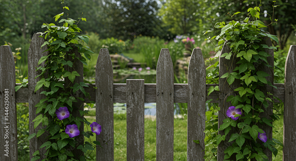 Rustic Charm Of Old Wooden Fence With Blooming Morning Glories In Peaceful Garden Rustic Charm Of Old Wooden Fence With Blooming Morning Glories In Peaceful Garden