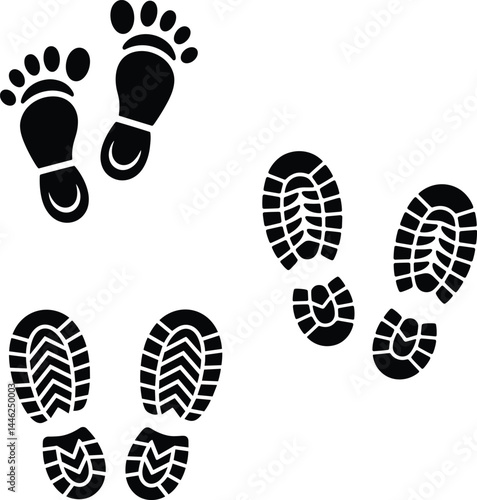 Silhouette Set of Santa Claus Boot Footprints in Snow – Top View Minimal Black Vector Icons on White Background