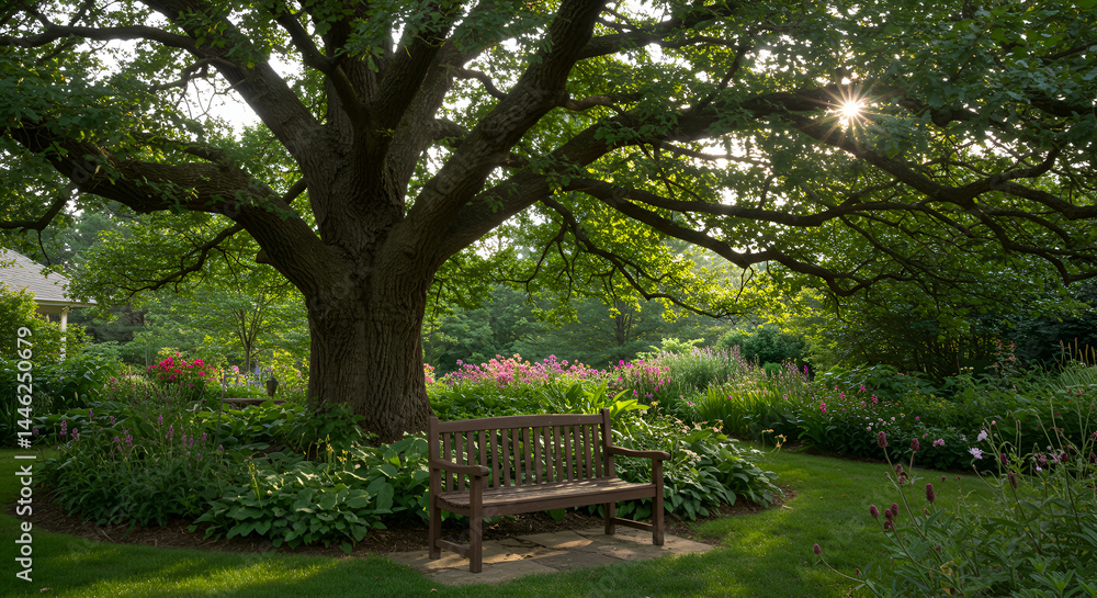 Fototapeta premium Serene Garden With A Grand Tree And Bench Under Shimmering Sunlight