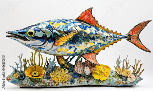 Artistic mosaic tuna statue with coral reef base and vibrant yellow accents