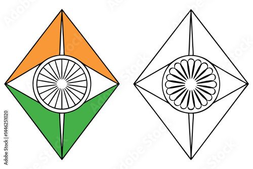 Diamond shapes showcase the Indian flag's saffron, green, and dharma chakra, with a coloring page