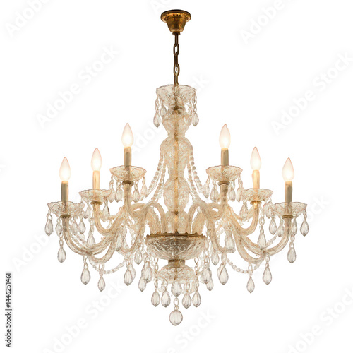 Ornate glass and crystal chandelier with candle-shaped lights, dripping with many sparkling faceted drops.
