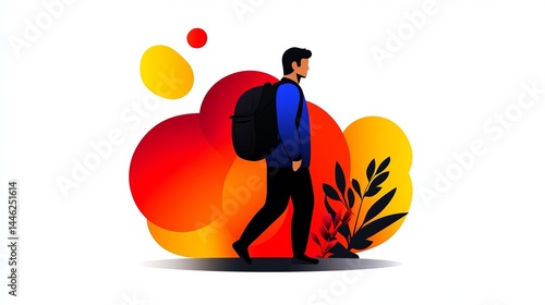 Male figure walks forward with backpack amidst abstract red and yellow shapes against a white background.