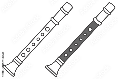 Isolated musical instrument showing line art clarinet with grey clarinet side by side on white