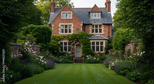 Idyllic English Manor House Surrounded By Lush Green Gardens
