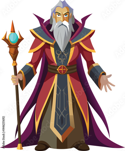 Majestic Wizard: An illustration of a powerful, elderly wizard, adorned in a rich crimson robe and holding a mystical staff, exudes wisdom and authority.  