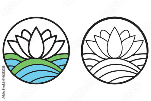 Lotus flower blooms above rippling water and verdant land within a perfect circle