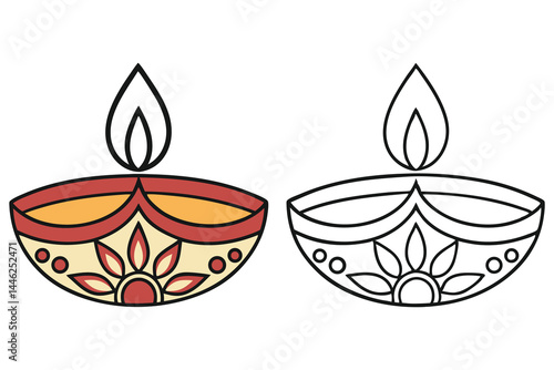 One traditional colorful diya and one line art diya are shown side by side