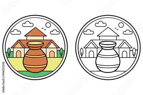 Simple earthen pot stands before building structures with a white background, including a coloring version