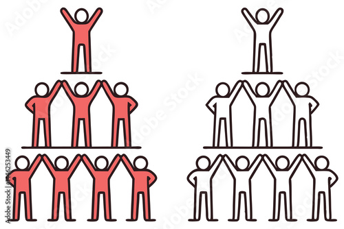 Stick figure people make a tower with the top person celebrating, transparent background