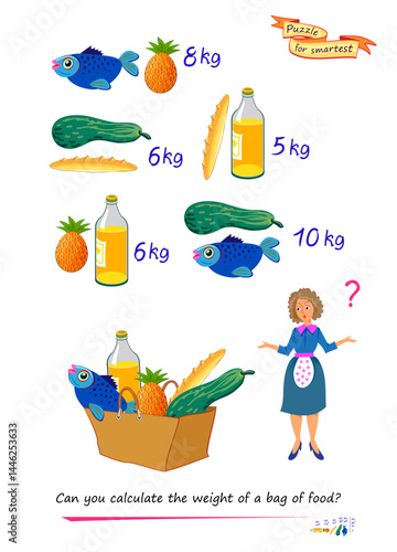 Mathematical logic puzzle game for smartest. Can you calculate the weight of a bag of food? Printable page for kids brain teaser book. Count and play. Flat vector illustration.