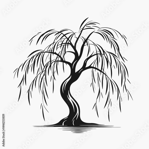 Weeping willow tree vector black and white silhouette nature garden landscape branch foliage plant design art