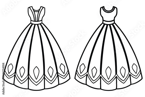 Two beautiful princess gowns with distinct bodice styles showcased in a black and white line drawing