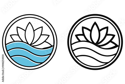 Two circular emblems showcase a lotus flower above gentle water waves, one is transparent
