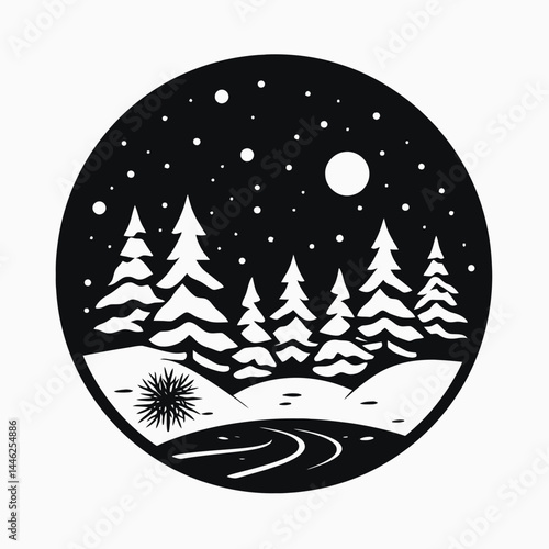 Winter snow forest trees night moon landscape circle black white illustration design graphic art scenic view