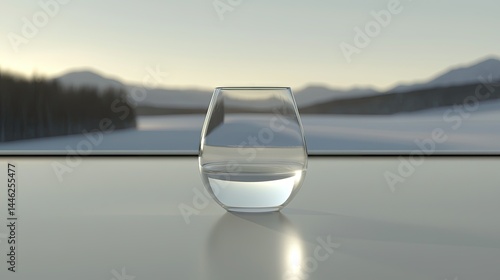A Glass of Water in Front of a Snowy Mountain Landscape