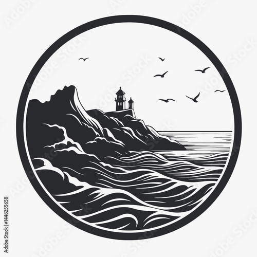 Lighthouse ocean waves birds seascape coast monochrome vector illustration graphic design artwork