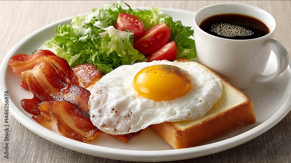 American breakfast 1 fried egg sausage bacon toast and salad all on a white plate Next to the plate is a hot coffee American breakfast 1 fried egg sausage bacon toast and salad all on a white plate Next to the plate is a hot coffee
